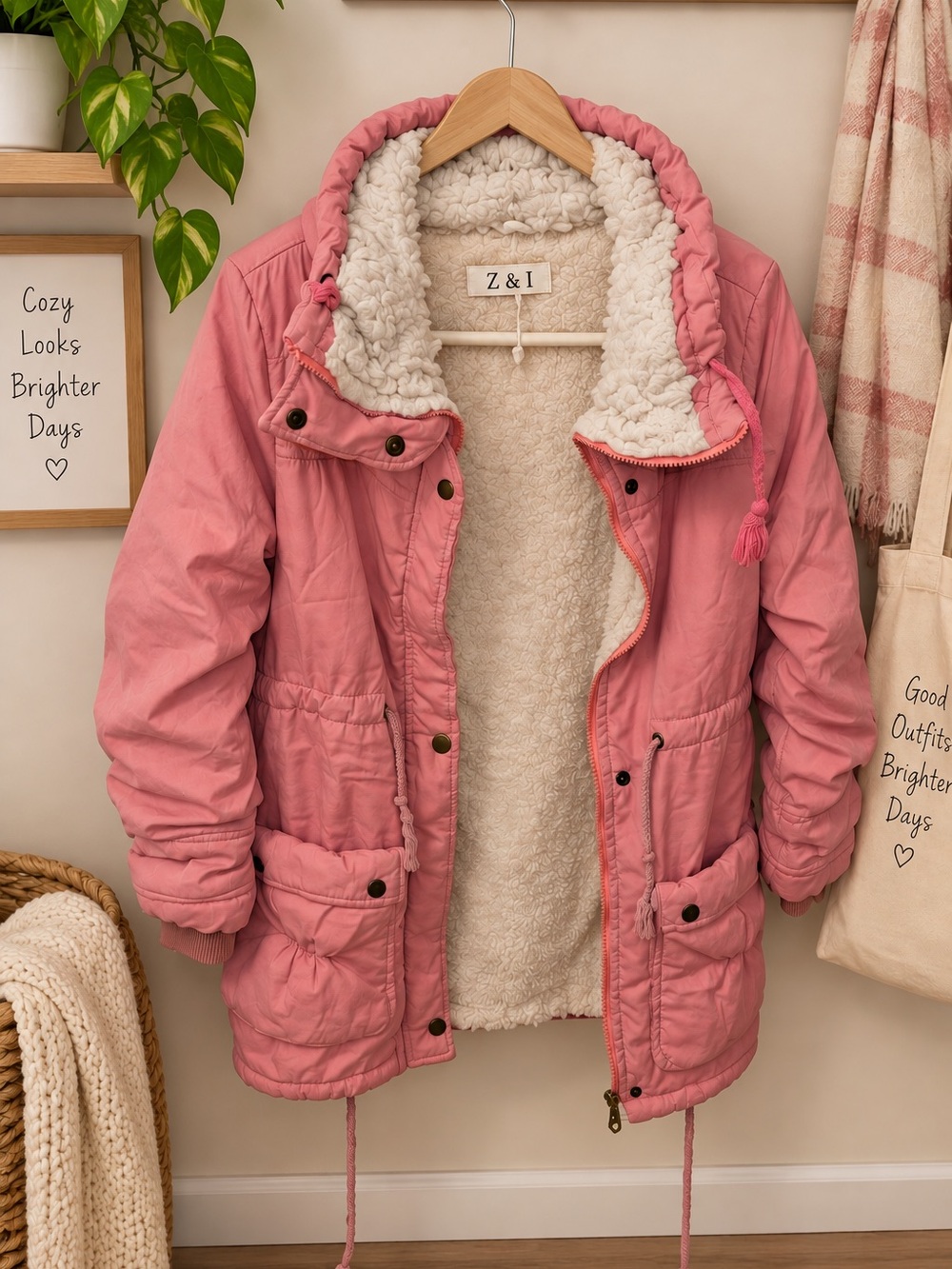Z & I Women’s Small Pink Sherpa Lined Hooded Utility Parka Jacket